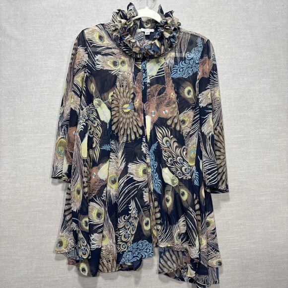 Jaipur Peacock Tunic Top M Semi Sheer Unique Ruffle Collar Boho Artsy Statement - Picture 1 of 8